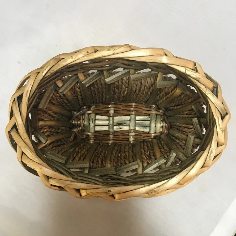Woven Wicker Storage Basket Small Brown Oval Rustic Boho Decor Cottagecore